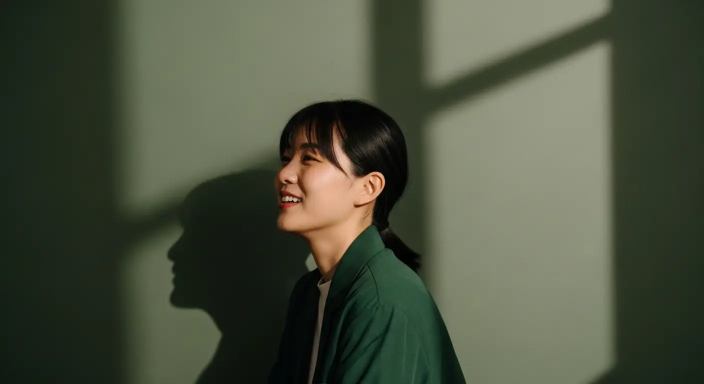 A woman smiling softly, her profile lit against a sunlit green wall