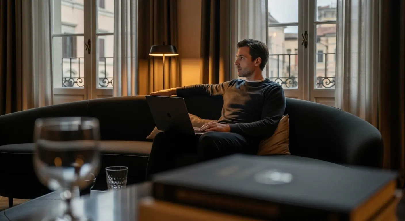 A man sitting on a couch by a window with a laptop, looking out thoughtfully