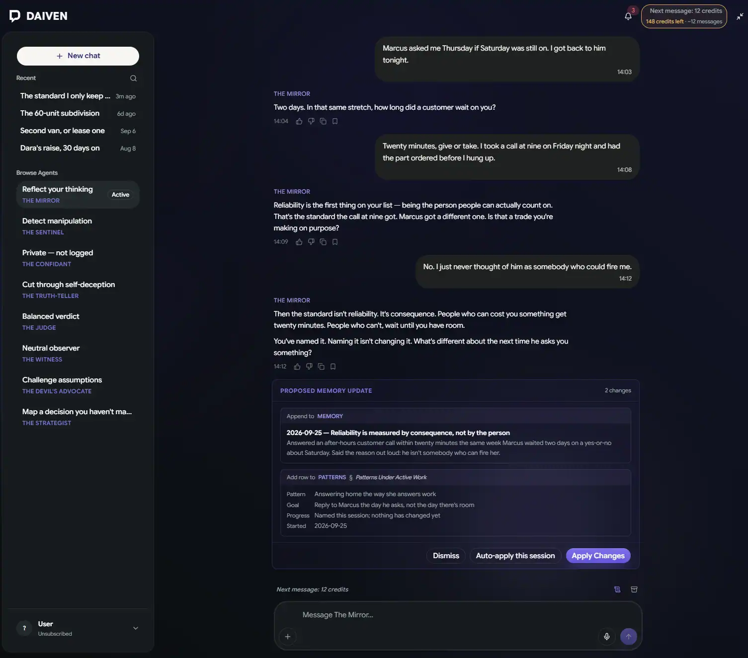Daiven chat interface: a session with The Mirror, ending in a card that proposes two profile updates and waits to be applied